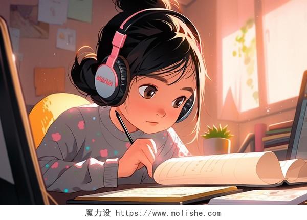 插画女孩戴耳机在书桌上学习